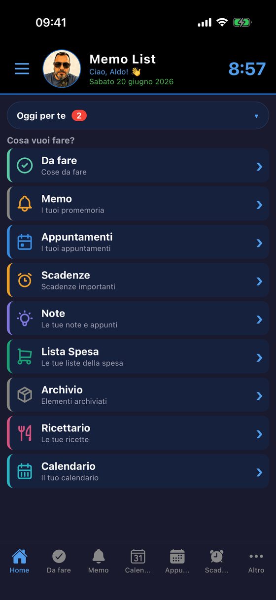 Schermata principale Memo List